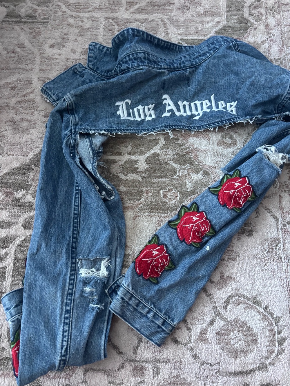 Custom Cropped PacSun Blue Boyfriend Jacket with Red Rose Patches